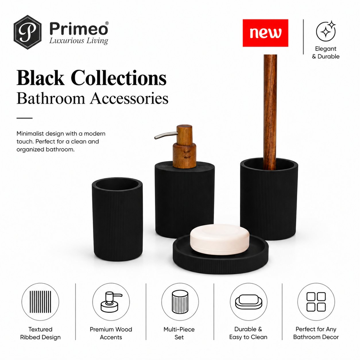 PRIMEO Bathroom Accessories Polyresin Bathroom Set Soap Dish Tumbler Soap Dispenser Toilet Brush Holder