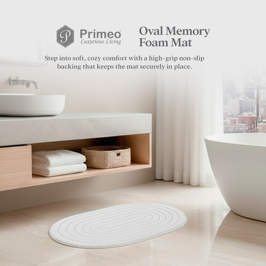 PRIMEO Oval Memory Foam Mat 40×60cm Luxury Bath Mat • Non-Slip Backing • Soft Coral Fleece Surface