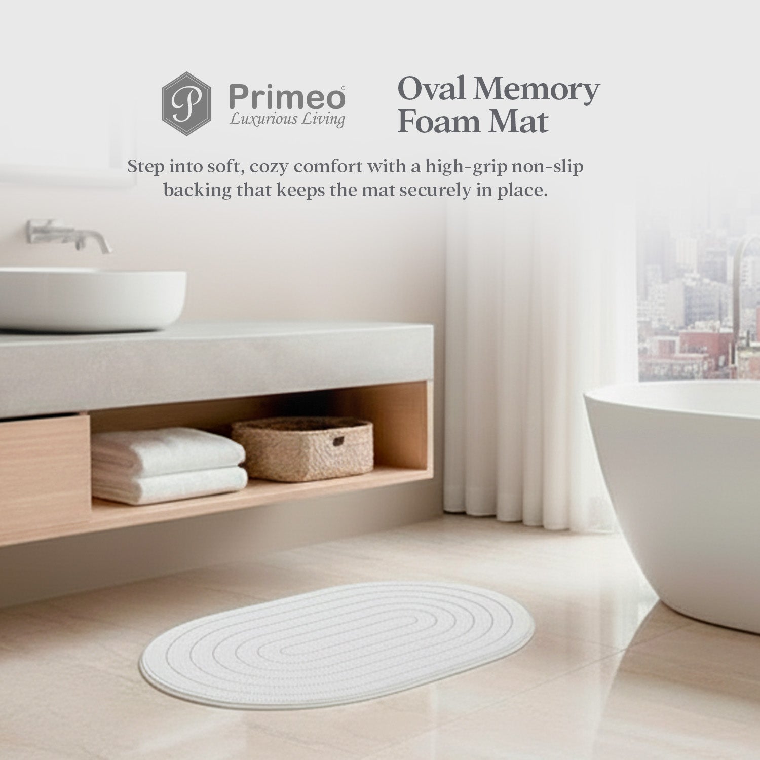 PRIMEO Oval Memory Foam Mat 40×60cm Luxury Bath Mat • Non-Slip Backing • Soft Coral Fleece Surface