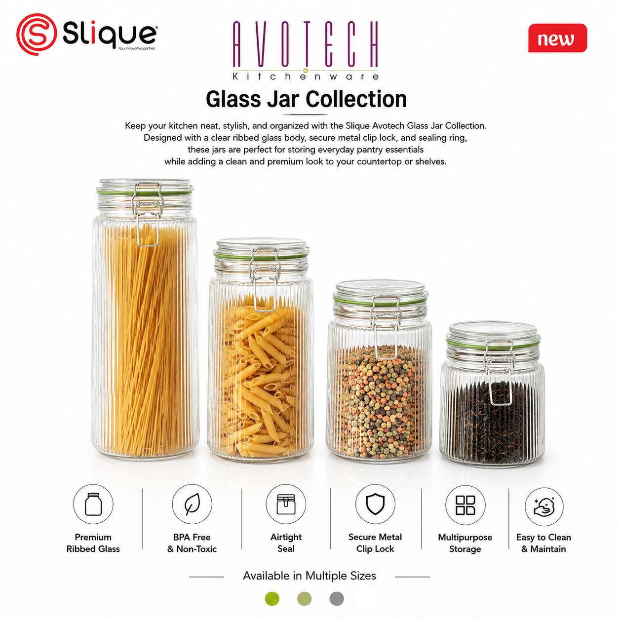 Slique Avotech Glass Jar Airtight Food Storage Container with Clip Lock Lid