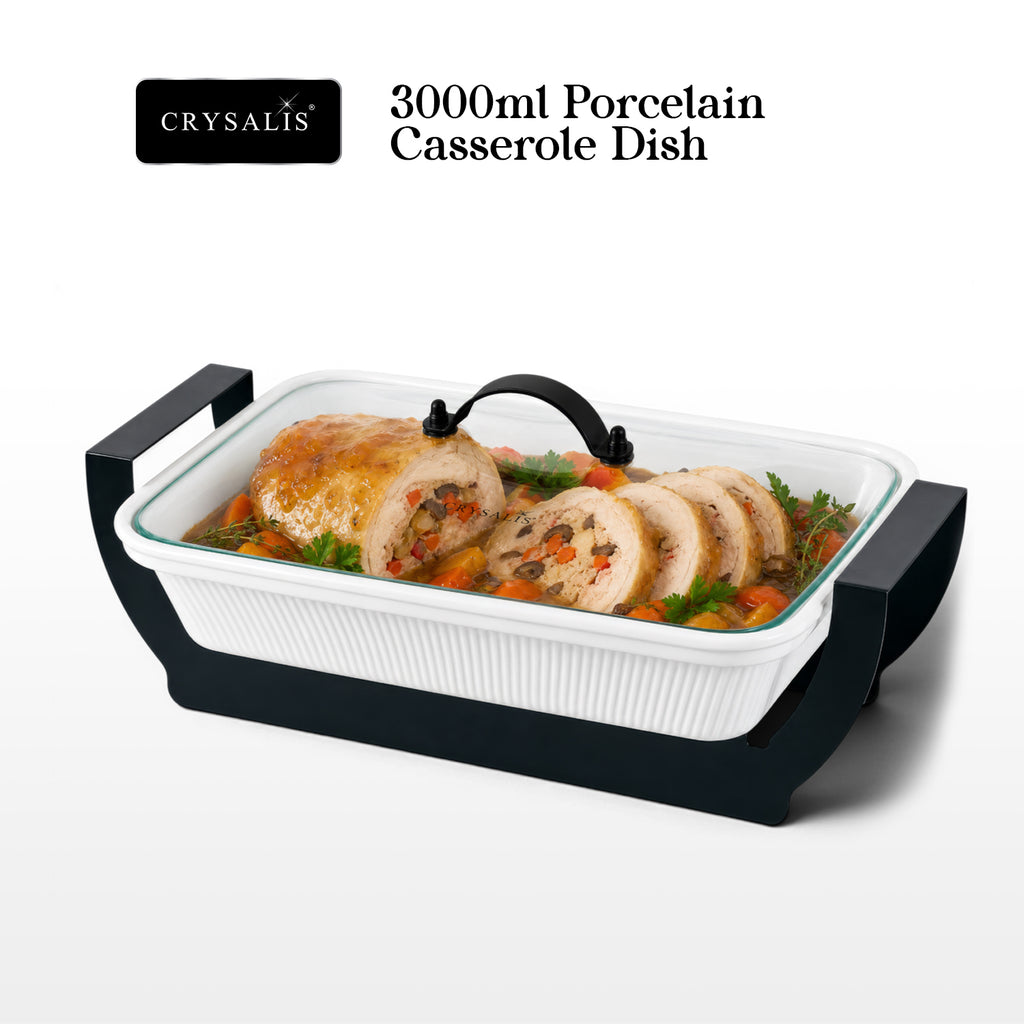 Crysalis Linear Porcelain Casserole Dish with Glass Lid and Metal Stand