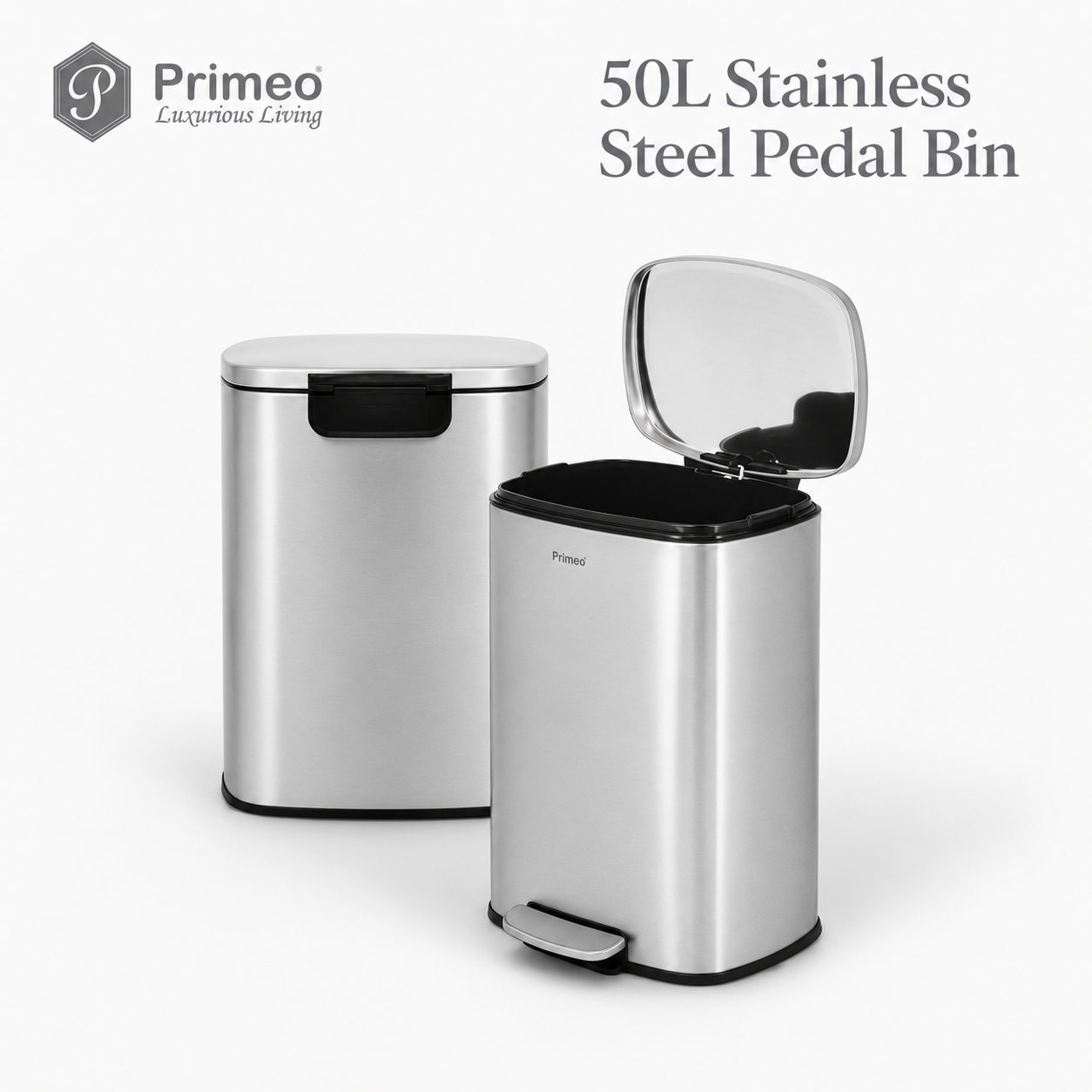 PRIMEO Stainless Steel Pedal Bin Soft Close Trash Bin Garbage Waste Bin with Removable Inner Bucket