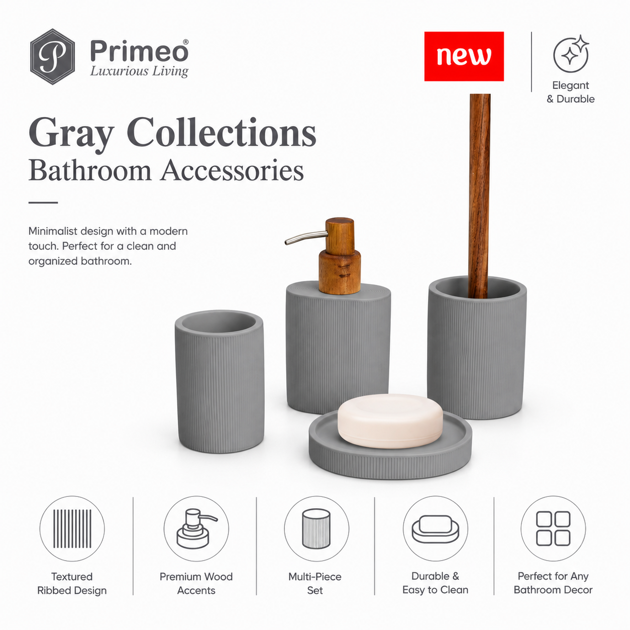 PRIMEO Bathroom Accessories Polyresin Bathroom Set Soap Dish Tumbler Soap Dispenser Toilet Brush Holder