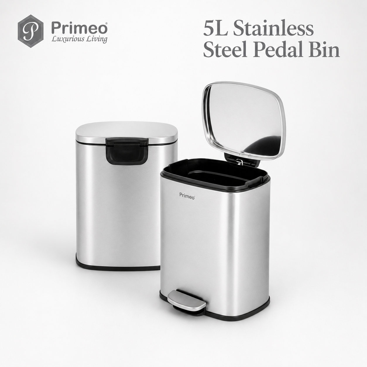 PRIMEO Stainless Steel Pedal Bin Soft Close Trash Bin Garbage Waste Bin with Removable Inner Bucket