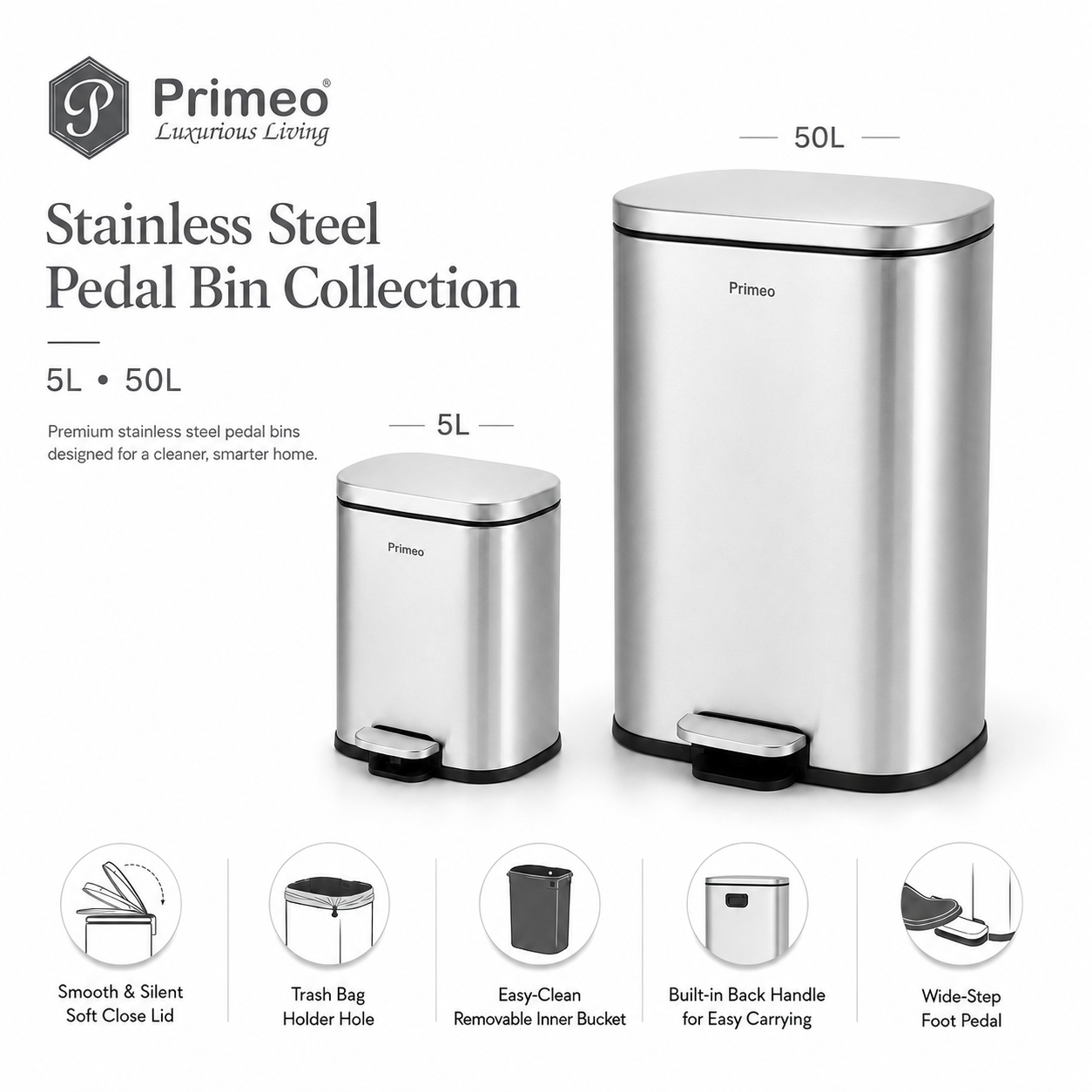 PRIMEO Stainless Steel Pedal Bin Soft Close Trash Bin Garbage Waste Bin with Removable Inner Bucket