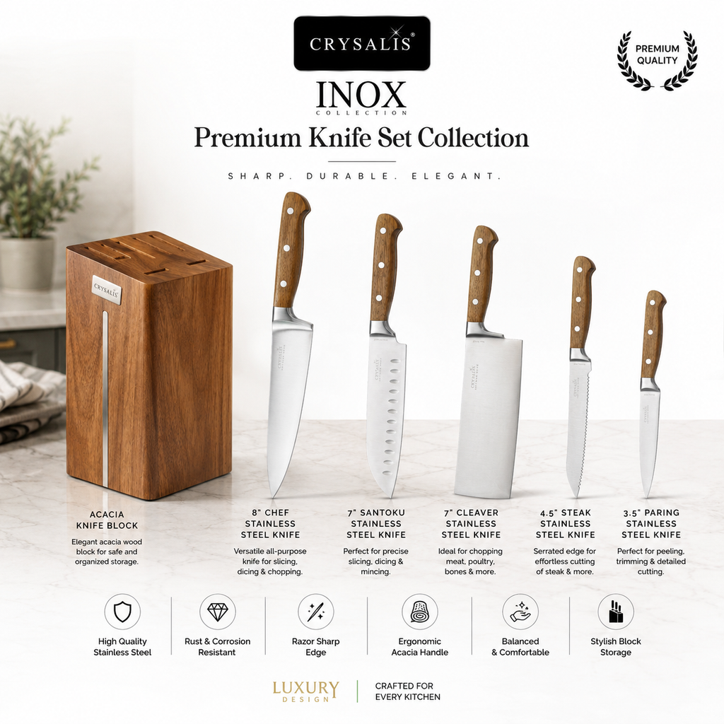Crysalis Inox Collection Acacia Wood Stainless Steel Knives and Knife Block