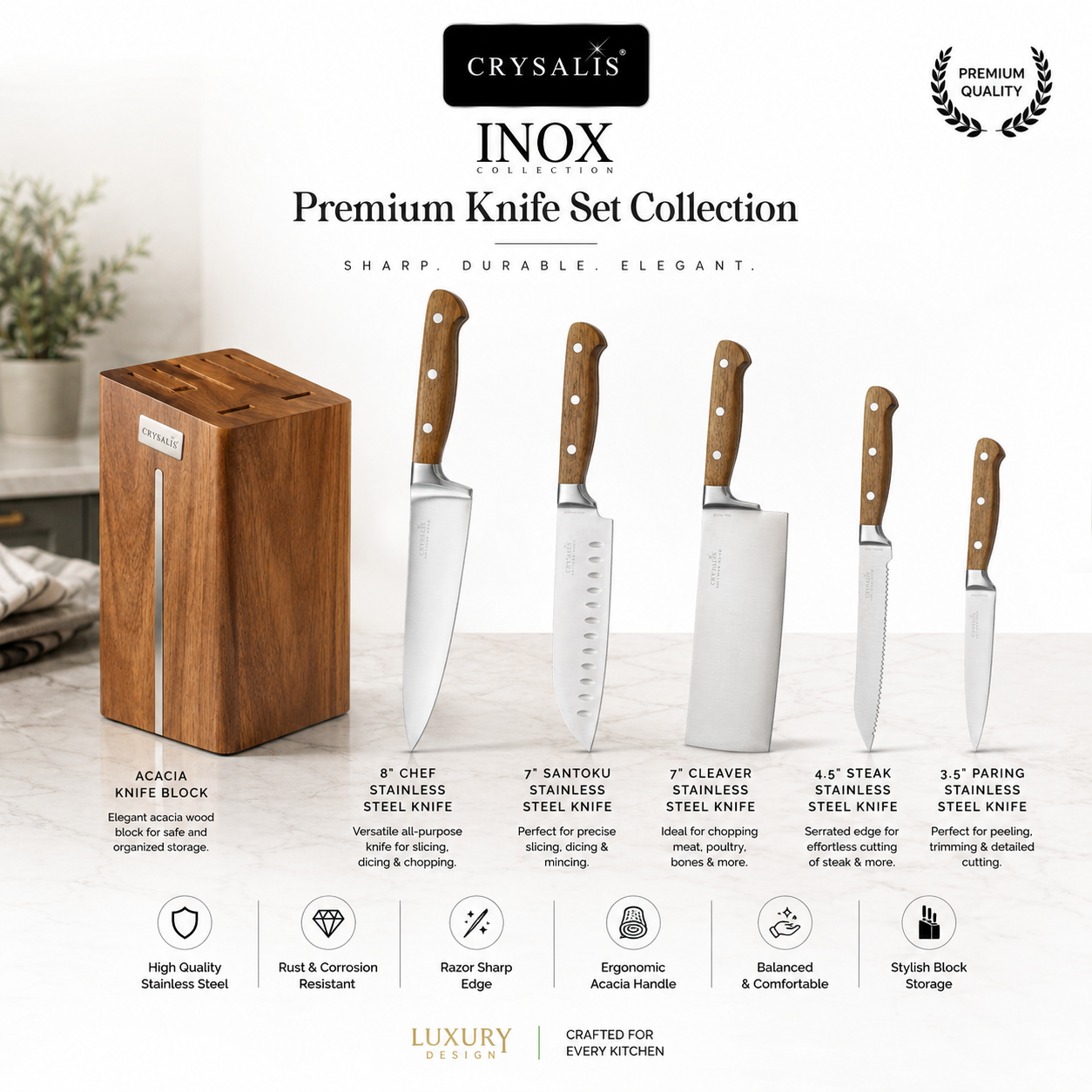 Crysalis Inox Collection Acacia Wood Stainless Steel Knives and Knife Block