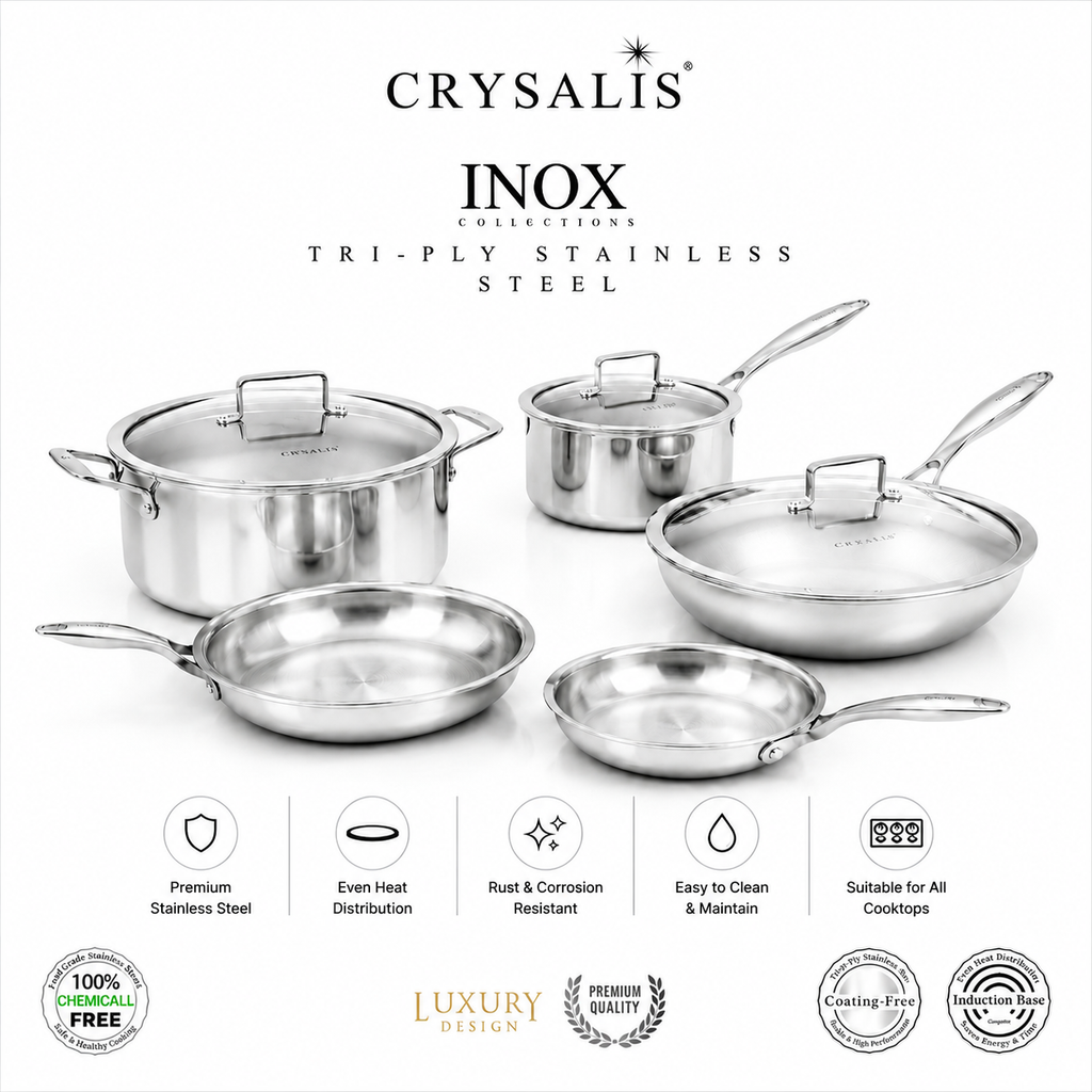 Crysalis Inox Tri-Ply Stainless Steel Fry Pan Sauce Pan Dutch Oven Induction Compatible Heavy Duty Professional Cookware