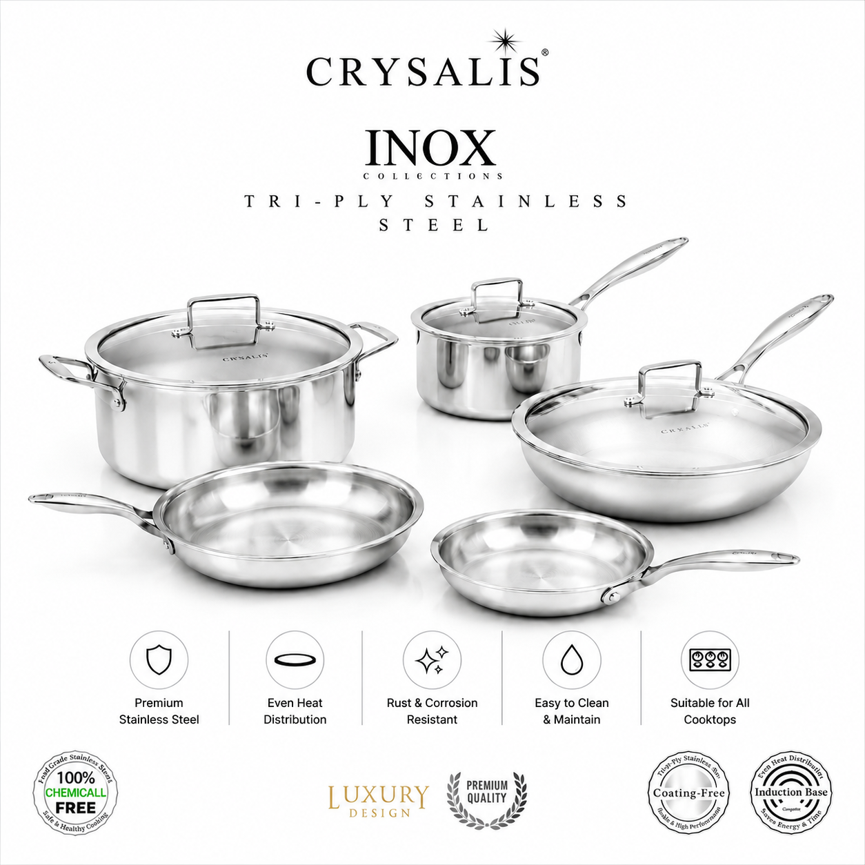 Crysalis Inox Tri-Ply Stainless Steel Fry Pan Sauce Pan Dutch Oven Induction Compatible Heavy Duty Professional Cookware