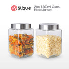 SLIQUE Premium Glass Jar w/ Stainless Steel Lid Airtight Set of 2 1500ml