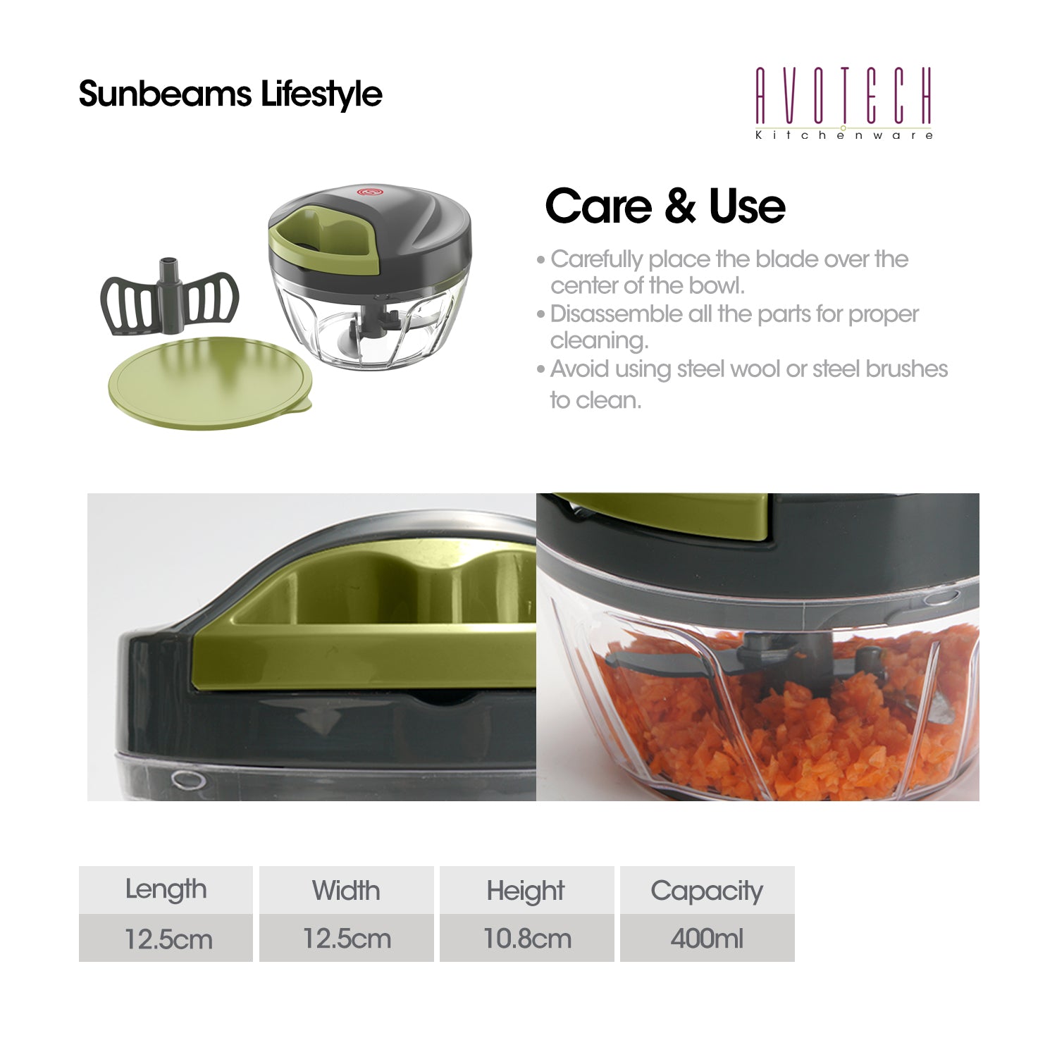 SLIQUE Avotech Anti-Slip Base Mini Chopper w/ Extra Blade 400ml | 0.4L