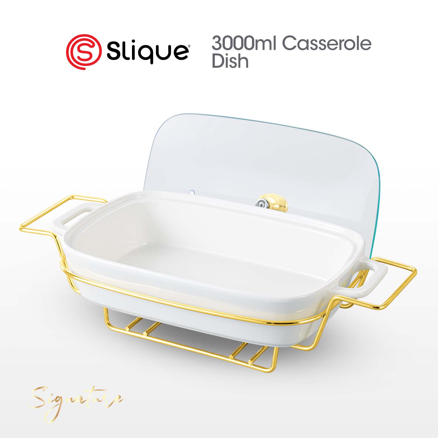 SLIQUE Casserole Serving Dish Rectangle - Signature Porcelain Collection Gold Stand with 2 Candle Burner
