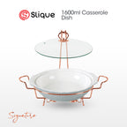 SLIQUE Casserole Serving Dish Round, Signature Porcelain Collection Copper Stand with Candle Burner