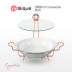 SLIQUE Casserole Serving Dish Round, Signature Porcelain Collection Copper Stand with Candle Burner