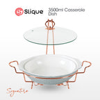 SLIQUE Casserole Serving Dish Round, Signature Porcelain Collection Copper Stand with Candle Burner
