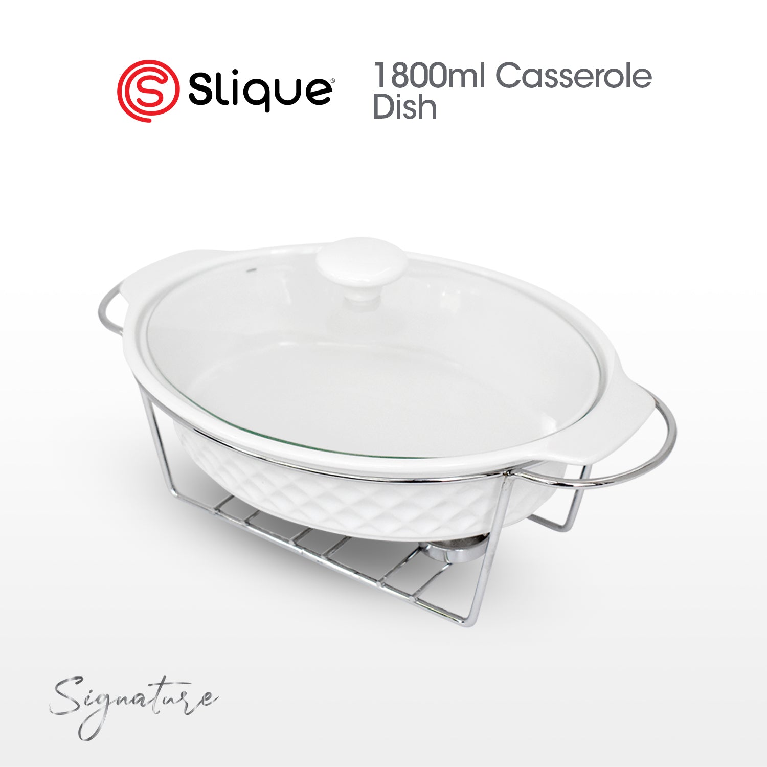 SLIQUE Premium Oval Ceramic Casserole Serving Dish with Tempered Glass Lid 1L/1.8L/2.6L