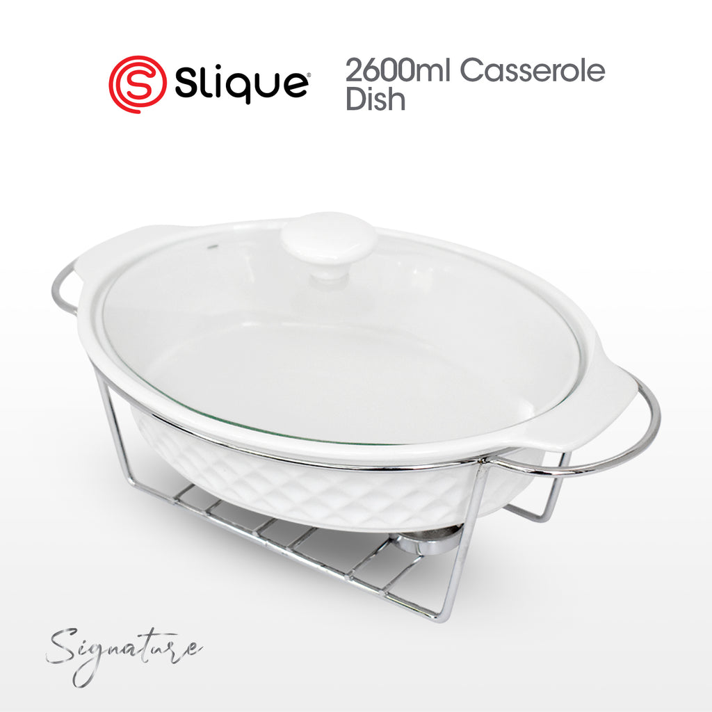 SLIQUE Premium Oval Ceramic Casserole Serving Dish with Tempered Glass Lid 1L/1.8L/2.6L