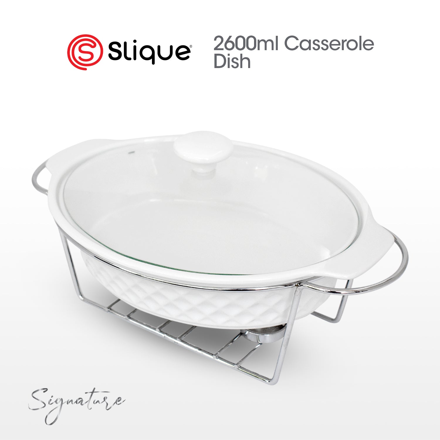 SLIQUE Premium Oval Ceramic Casserole Serving Dish with Tempered Glass Lid 1L/1.8L/2.6L
