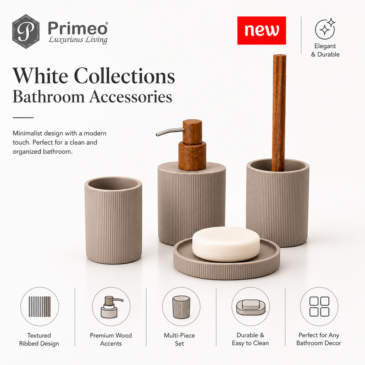 PRIMEO Bathroom Accessories Polyresin Bathroom Set Soap Dish Tumbler Soap Dispenser Toilet Brush Holder