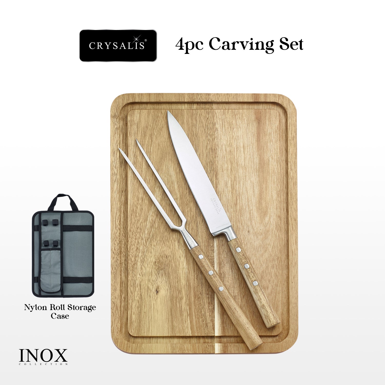 Crysalis Inox Carving Set 4-Piece Stainless Steel Knife and Fork with Acacia Wood Chopping Board and Storage Case