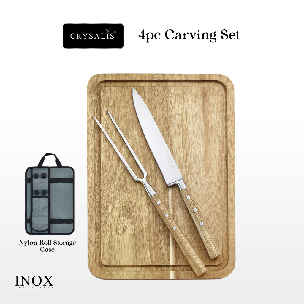 Crysalis Inox Carving Set 4-Piece Stainless Steel Knife and Fork with Acacia Wood Chopping Board and Storage Case