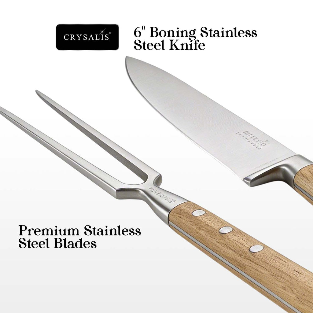 Crysalis Inox Carving Set 4-Piece Stainless Steel Knife and Fork with Acacia Wood Chopping Board and Storage Case