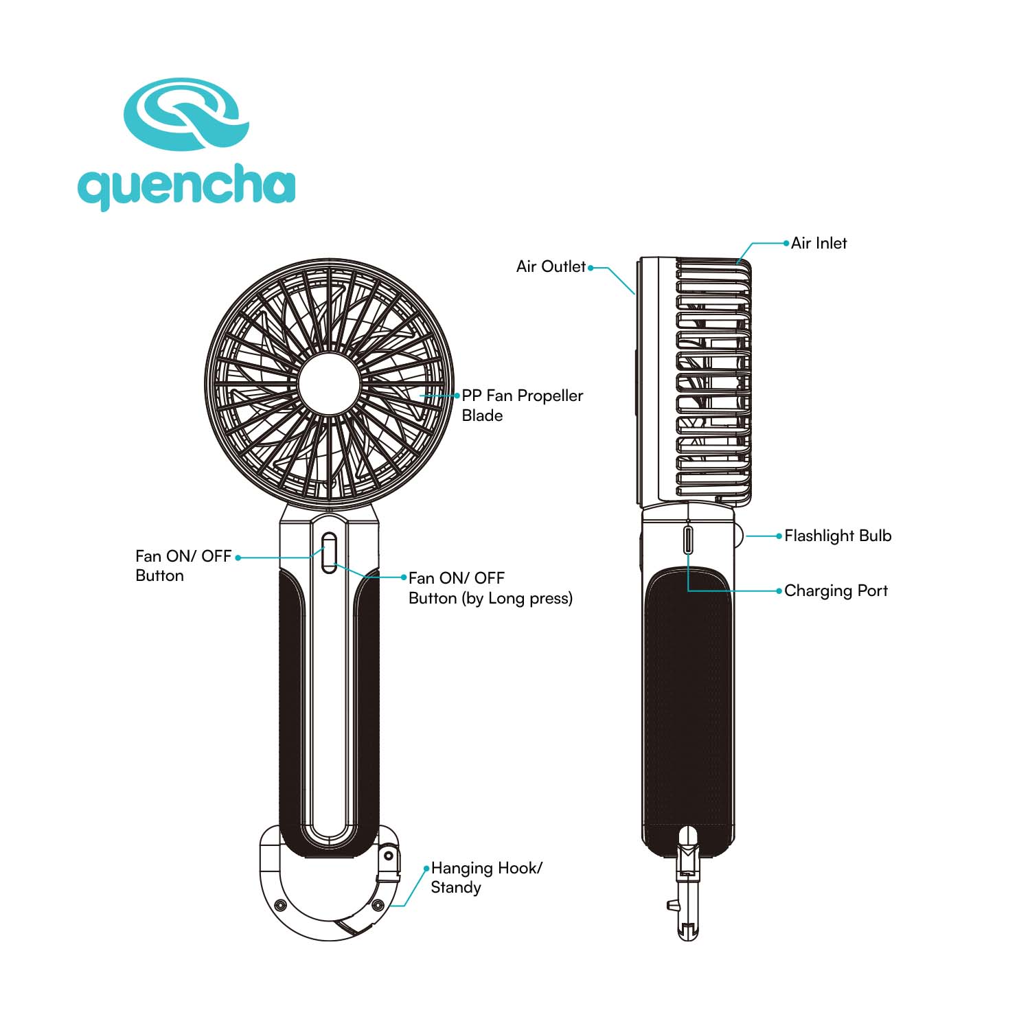 Quencha Portable Mini Fan 1200mAh High Speed Handheld Fan