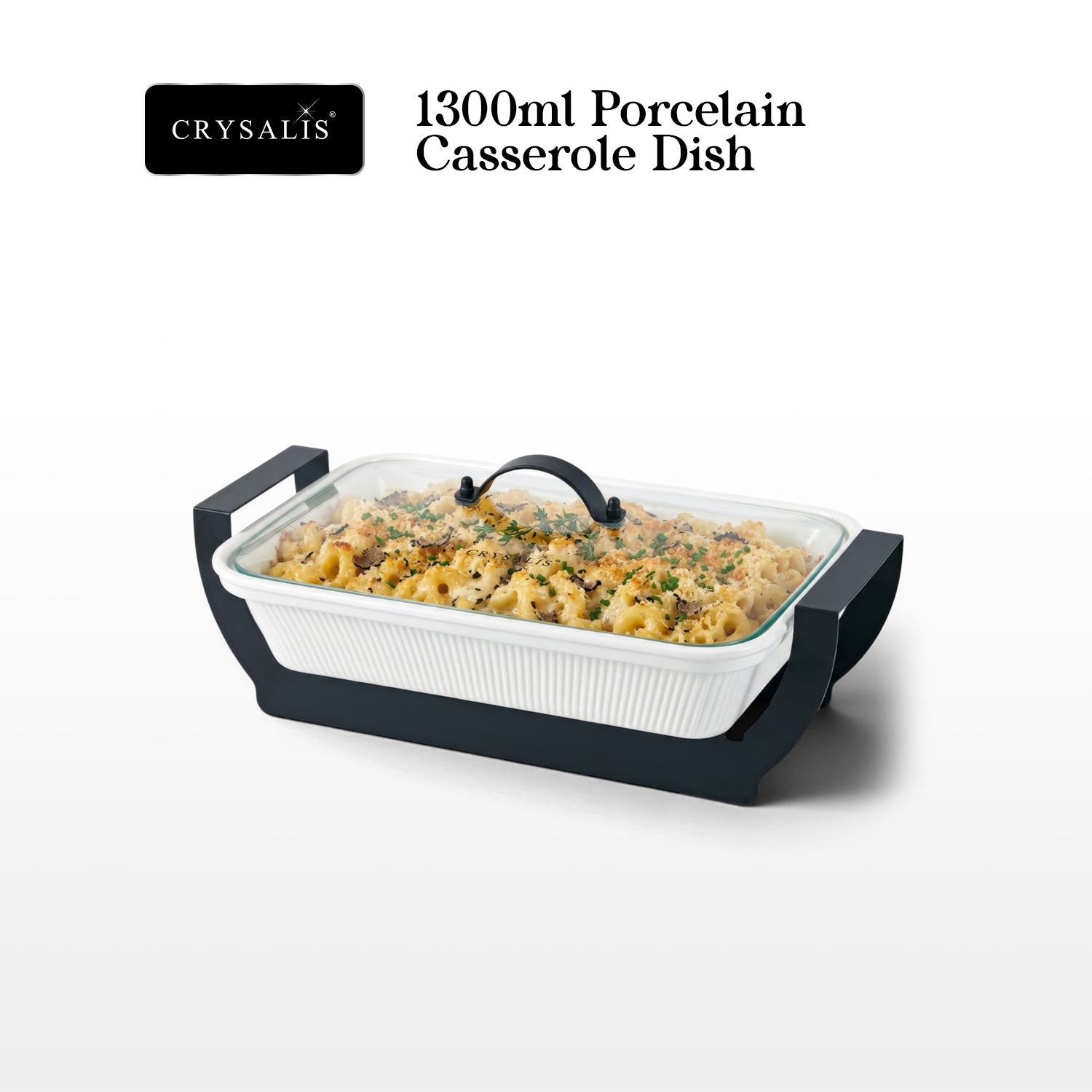 Crysalis Linear Porcelain Casserole Dish with Glass Lid and Metal Stand