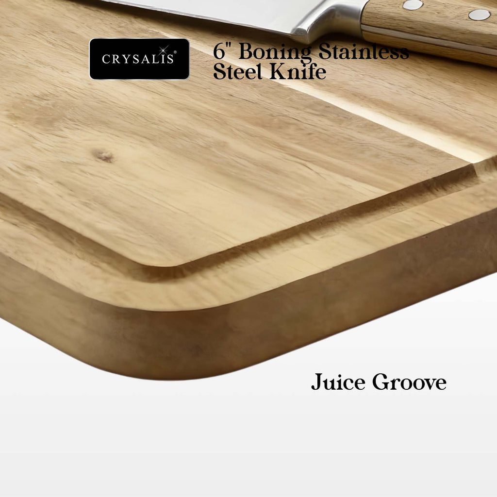 Crysalis Inox Carving Set 4-Piece Stainless Steel Knife and Fork with Acacia Wood Chopping Board and Storage Case