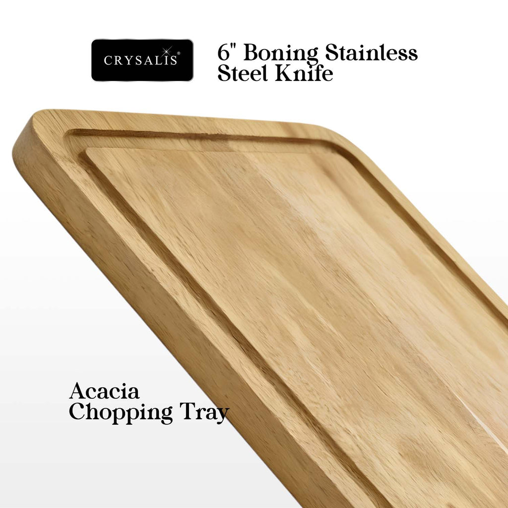 Crysalis Inox Carving Set 4-Piece Stainless Steel Knife and Fork with Acacia Wood Chopping Board and Storage Case