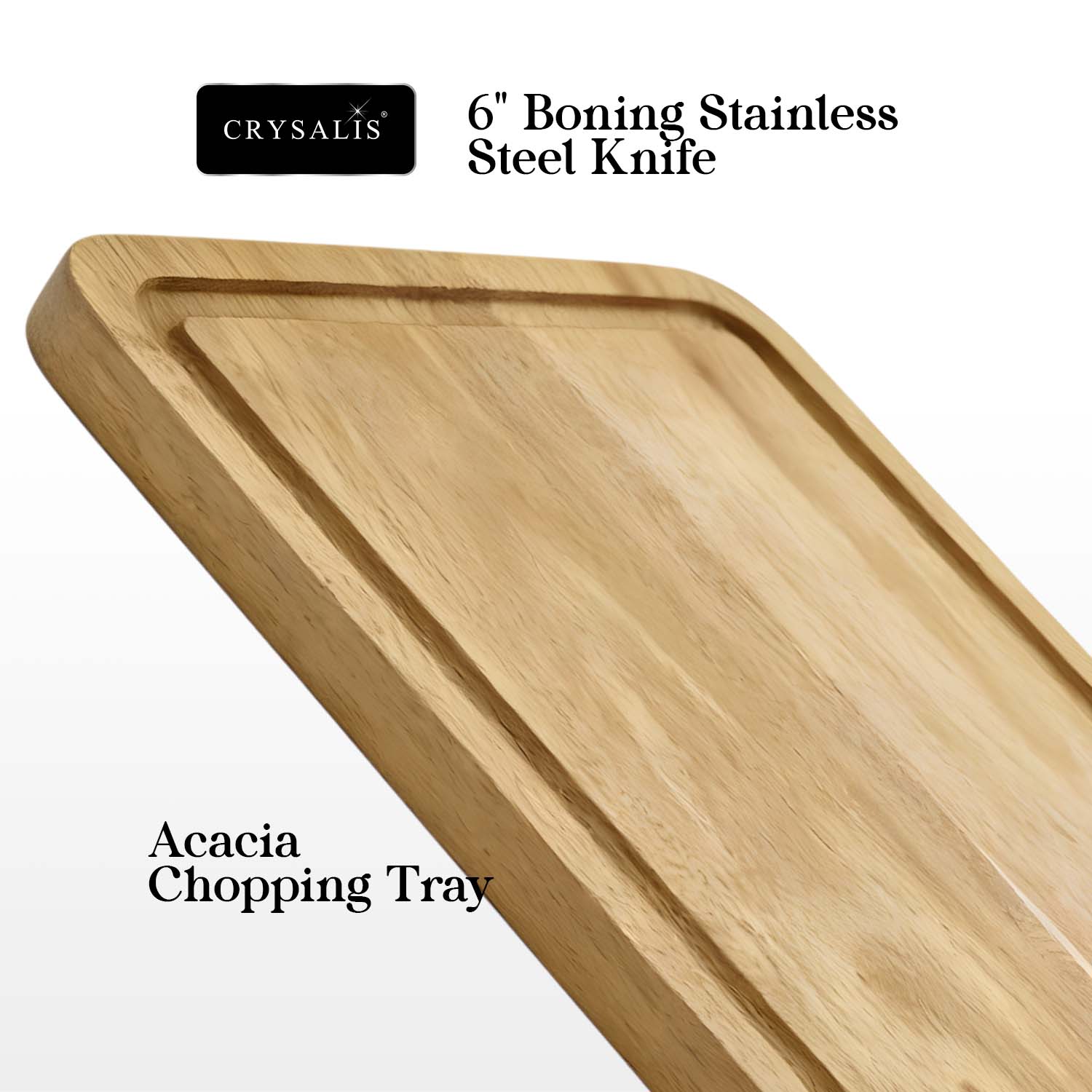 Crysalis Inox Carving Set 4-Piece Stainless Steel Knife and Fork with Acacia Wood Chopping Board and Storage Case