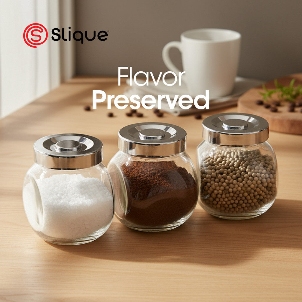 Slique Avotech Glass Jar Set 180ml (3pcs) - Airtight Pantry Food Storage Container for Spices,Coffee