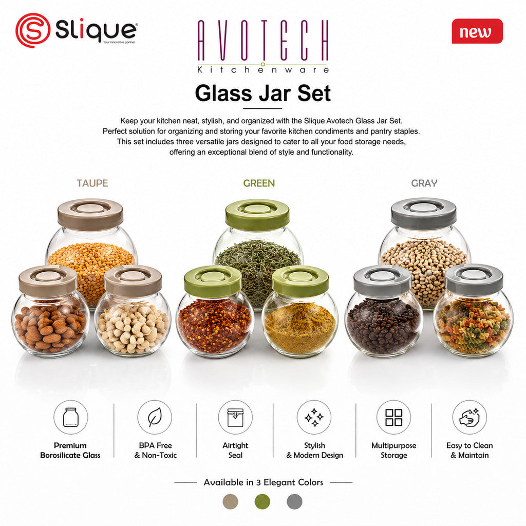 Slique Avotech Glass Jar Set 180ml (3pcs) - Airtight Pantry Food Storage Container for Spices,Coffee