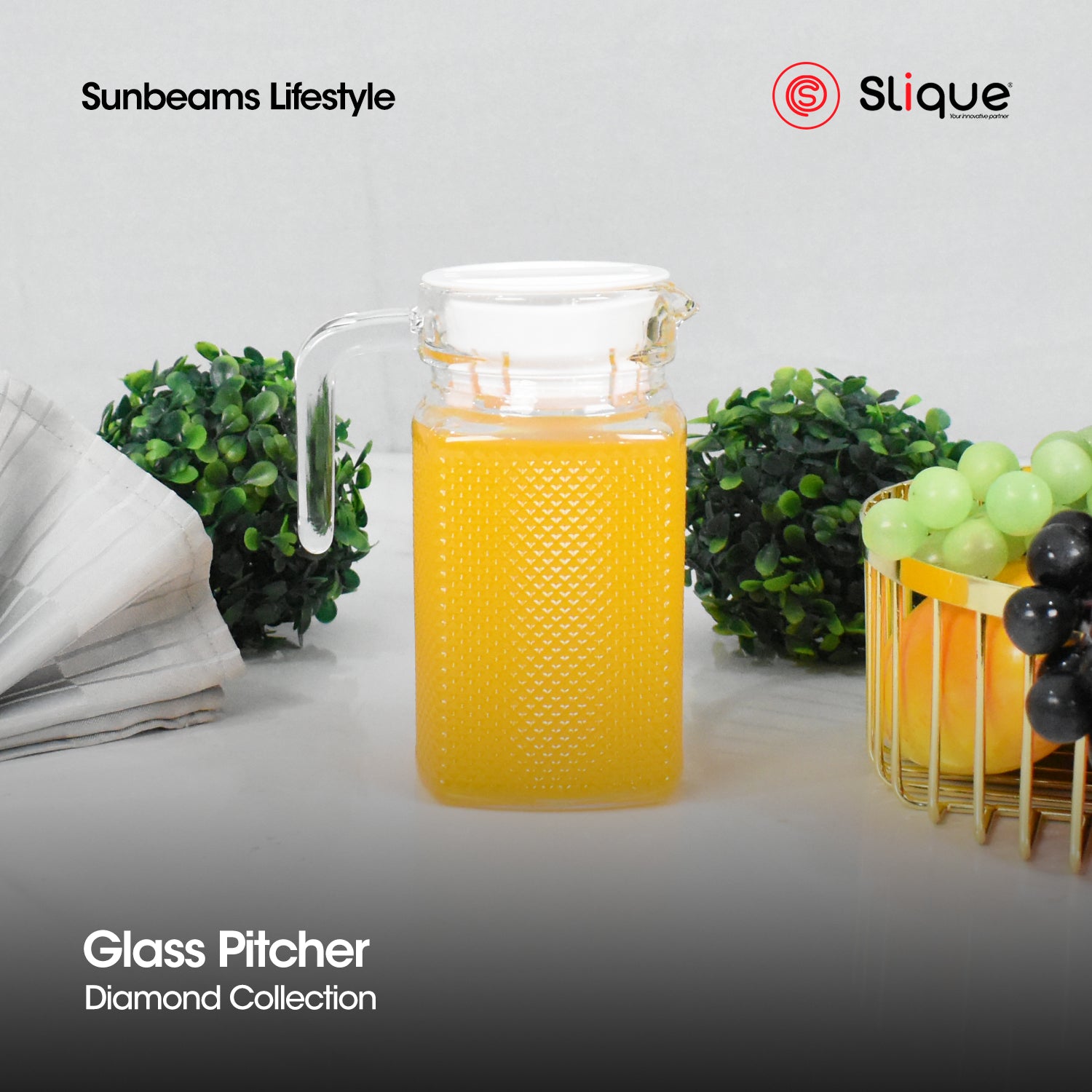 SLIQUE Premium Glass Pitcher w/ Grey Lid 1800 ml, Diamond Collection