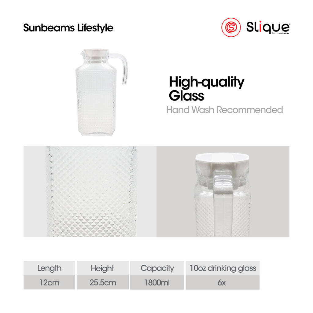 SLIQUE Premium Glass Pitcher w/ Grey Lid 1800 ml, Diamond Collection